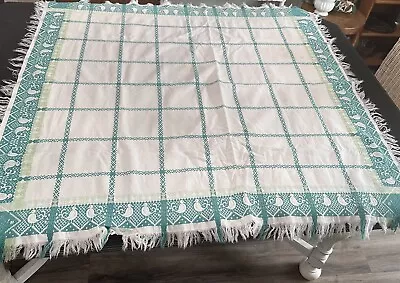 Vintage Tablecloth Spring Bird Green White Fringe Woven 44  Square • $23.99