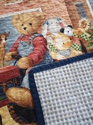 Vtg Baby Toddler Blanket Country Farm Animals Tractor Red Barn Crib Quilt 90’s • $28