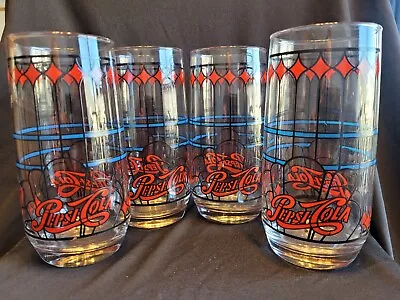 Vintage Pepsi-Cola Stained Tiffany Style Drinking Glasses 1970s - Set Of 4 • $19.75