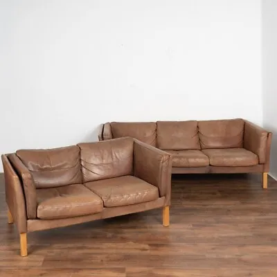 Pair Mid Century Brown Vintage Leather Three Seat Sofa And Two Seat Loveseat D • $3800