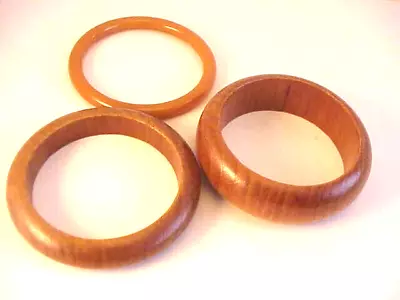 Vintage Lot 3 Bangle Bracelets Two Wood Nice Grain One Plastic Brown Tan Shades • $12