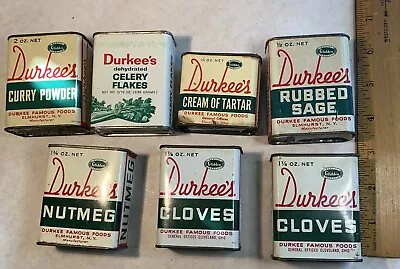Durkee's Spice Tin Lot Of 7 Vtg Green Red Nutmeg Cloves Curry Powder Sage More • $22