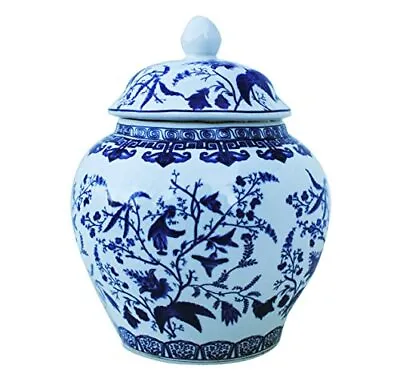 $37.66 • Buy Blue And White Porcelain Decorative Temple Helmet Jar Birds And Leaves