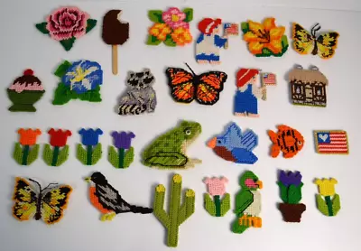 Vintage Lot 27 Completed Needlepoint Plastic Canvas Magnets Flowers Birds Animal • $85