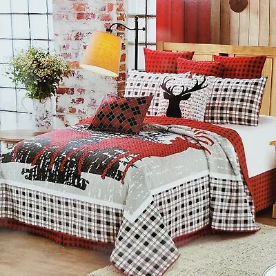 3pc LODGE LIFE Full / Queen QUILT & SHAM SET: MOOSE RED CHRISTMAS BUFFALO PLAID • $79.99