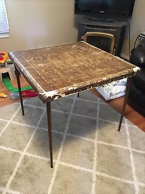 Vintage MCM Folding Card Table Metal Wood Frame 30”W • $89.95