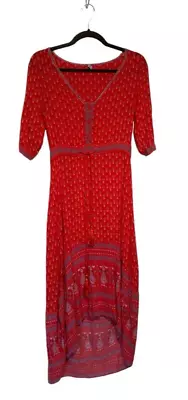 Zaful Dress Womens S/M Red Long Maxi Gypsy Peasant Boho Floral Tie Waist Tiered • $25.95