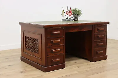 Carved Mahogany Antique Office Library Desk Leather Top #47388 • $3500