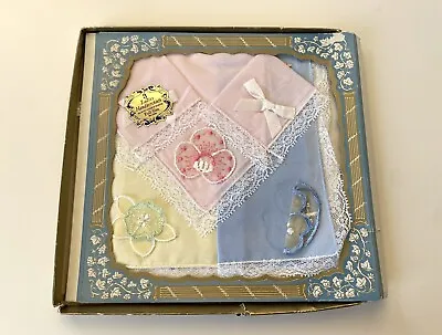 Boxed Hankies Set Vintage Pastel Cotton Appliqued Lace Lot 3 Handkerchiefs • $12