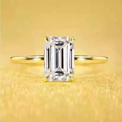 3 Ct Emerald Cut Moissanite Hidden Halo Engagement Ring 14K Yellow Gold Plated • $129.99