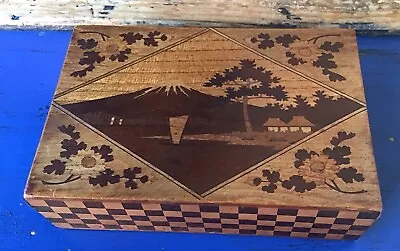 Antique JAPANESE MARQUETRY Jewellery Box Within BOXES MOUNT FUJI BOAT SCENE • £69.99