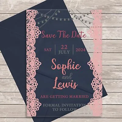 Lace Pink Acrylic Clear Transparent Luxury Wedding Save The Date Invite Cards • £6.95