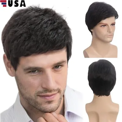 Handsome Adult Men Short Wavy Wig Natural Black Cosplay Party Layered Full Hair • $13.54