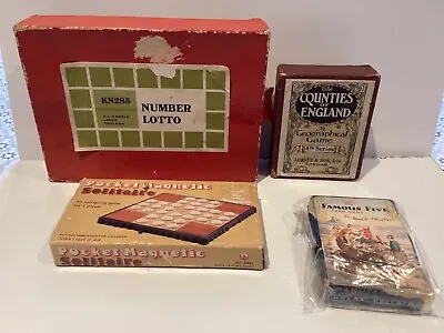Vintage Selection Of 4 Games Lotto Solitaire Geographical Game & Famous Five • £20