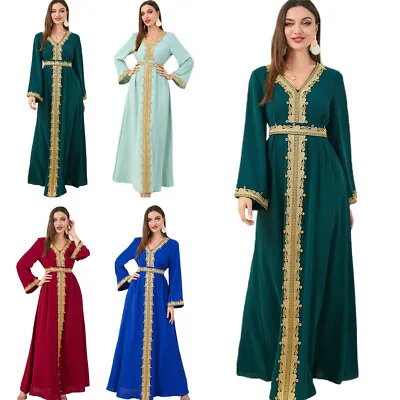 Moroccan  Embroidery Maxi Long Dress Ramamdan Kaftan Muslim Women Jlbab Arab Eid • $44.89