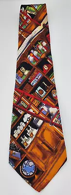 Nicole Miller Vintage '93 Black W/ Multi-color Library Books Cat Silk Tie • $8.49