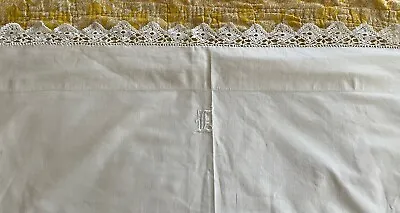 Vintage  Embroidered Monogram And Lace Cotton Flat Sheet 82  X 82  • $22