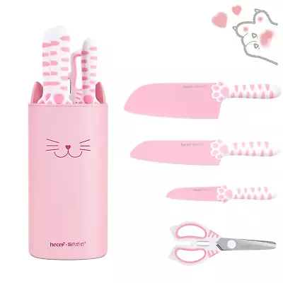 Hecef Kitchen Knife Set With Block Cute Cat Stainless Steel Knives Set Scissors • $27.99