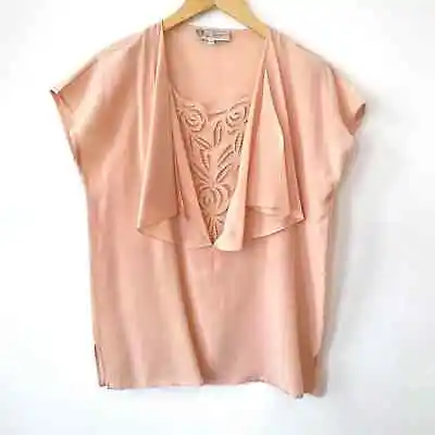 Vintage 70's GUCCI Silk Shirt Peach Cutout Inlay Ruffle Short Sleeve Size 46 • $194.95