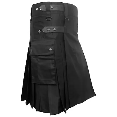 Men's Scottish Black Utility Cotton Novelty Skirt Black Highland Dress Kilt • £31.75