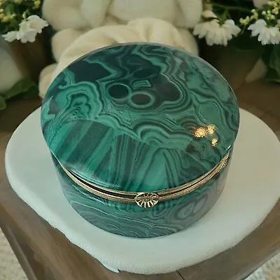 Malachite Green Porcelain Trinket Box W Gold Plated Rim • $75