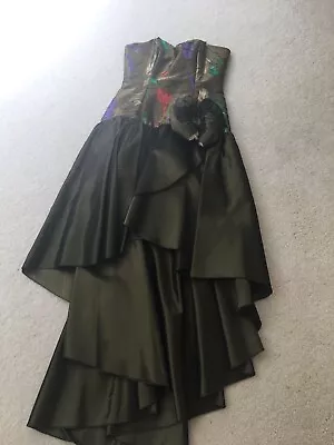 Nadine Party Cocktail Dress Green With Floral Bodice Hi-Lo WaistSz9Vintage90’s • $20