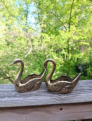 Vintage Mid Century Modern Brass Swan Mini Planters Vases Pair Set Of 2 • $24.99