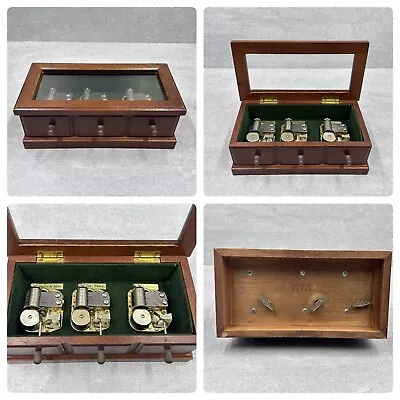 Vintage Toyo Three Melody Music Box Wood With Attached Glass Lid JAPAN SEE VIDEO • $64.49