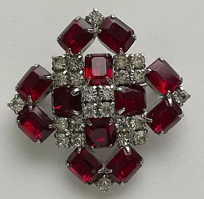 Art Deco Rhinestone Maltese Cross Brooch Pin Red Clear Square Vintage Silver • $168