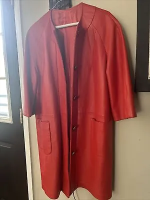 Vintage Genuine Leather Red Long Trench Coat S-M Collarless • $50