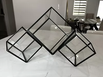 Art Deco Style Glass Cube Geometric Metal Copper Foil Sculpture Florarium  • $50