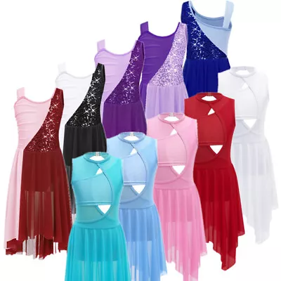 Kids Girls Sequins Lyrical Modern Jazz Latin Ballet Dance Dress Leotard Costume • £18.89