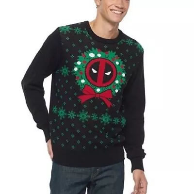 Marvel Deadpool Christmas Sweater Black Green Red Men's Size Large • $23