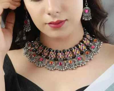 $14.89 • Buy Indian Bollywood Style Silver Plated Oxidized Boho Jewelry Choker Necklace Set..