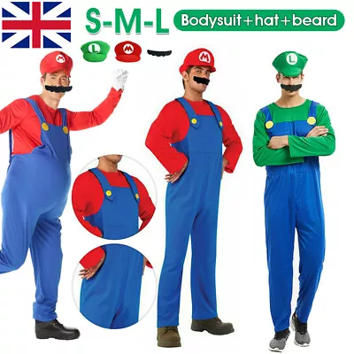 Mens Adult Super Mario And Luigi Cosplay Costume Fancy Dress Plumber Bros Outfit • £8.27