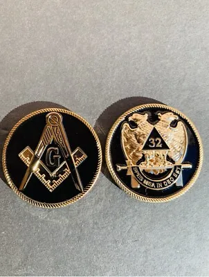Masonic  Metal  2 Inches 32nd Degree Mason Set Of Two Small Emblems  Black&gold • $16