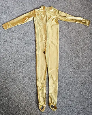 Gold Wetlook Long Sleeved Shiny Foil Highneck Catsuit Unitard Size 1C Age 7-8 • £15.20