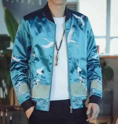Mens Coat Chinese Style Crane Embroidery Slim Casual Coat Youth Nightclub Jacket • $101.38