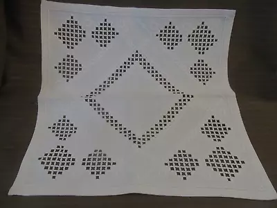 Antique HARDANGER Lace Handmade Lg Doily Mat~Embroidered Drawnwork 15x15 • $19.99