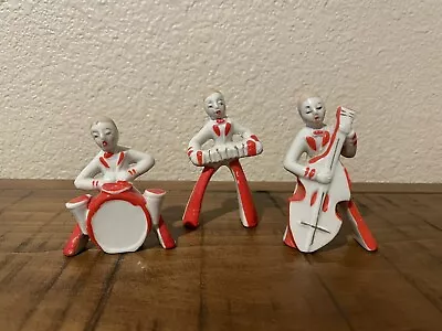 3 Vintage Porcelain Musician Figurines 1960’s Japan Drums Bass Accordion *Rare* • $18