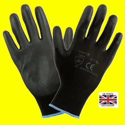 1 12 Or 24 Pairs  Black Nylon PU Safety Work Gloves Builders Grip Gardening • £2.49