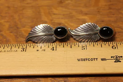 Vintage Black Onyx Leaf Design Sterling Silver Post Earrings • $25