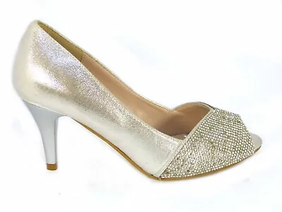 £12.99 • Buy Ladies Womens Wedding Shoes Mid Heels Diamante Bridal Peep Toe Sandal Size