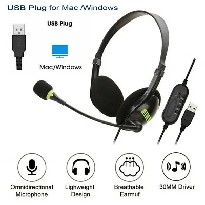 £10.49 • Buy USB Computer Headset Wired Over Ear Headphones For Call Center PC Laptop Skype