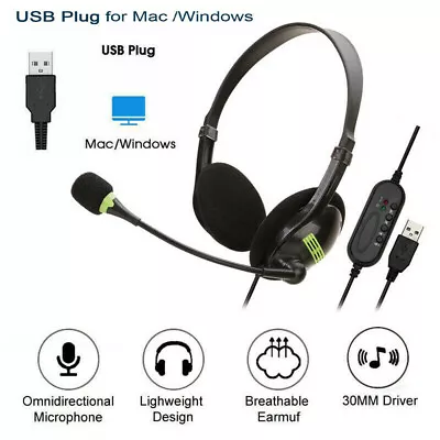 USB Computer Headset Wired Over Ear Headphones For Call Center PC Laptop Skype • £8.99