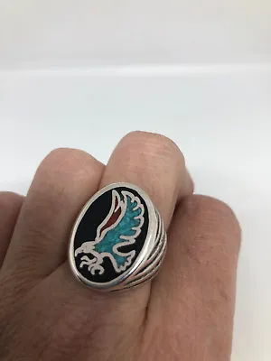 1980's Vintage Silver White Bronze Men's Hawk Turquoise Inlay Ring Size 8.5 • $44