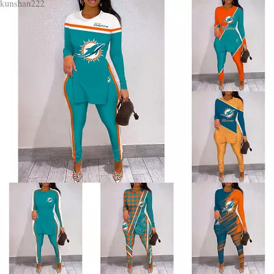 Miami Dolphins 2PCS Yoga Outfits Women's Side Slit Casual Tops Bodycon Leggings • $34.19