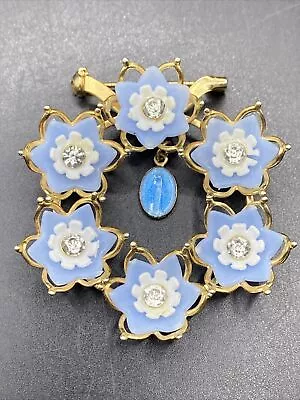 Vintage Gold Tone Blue Floral Wreath Brooch Pin With Virgin Mary Charm • $12
