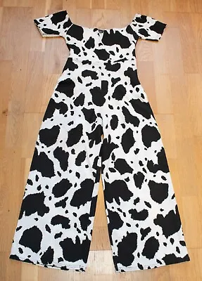 Black White Jumpsuit Cow Print Cropped Wide Leg Scuba Jump Play Suit BNWT Lustre • £21.49