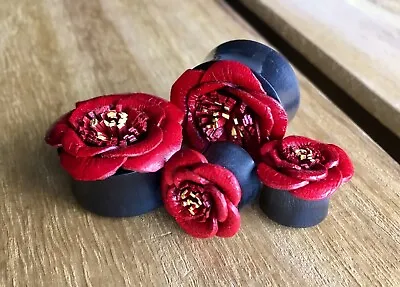 PAIR Red Leather Flower Plugs Rose Tunnels Gauges Earlets Body Jewelry • $18.95